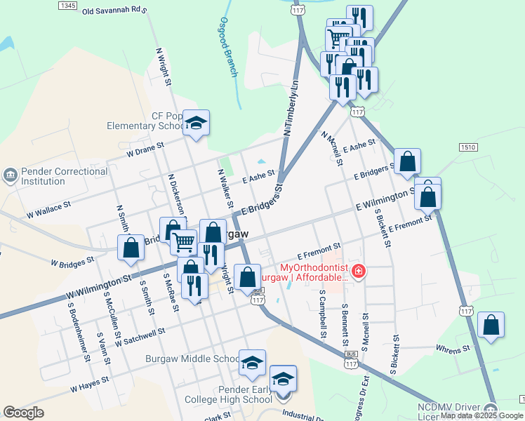 map of restaurants, bars, coffee shops, grocery stores, and more near 114 North Cowan Street in Burgaw