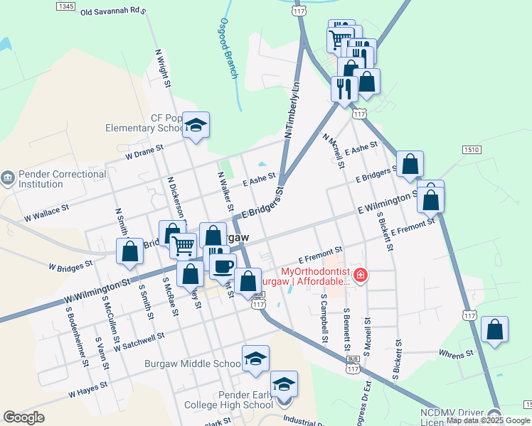 map of restaurants, bars, coffee shops, grocery stores, and more near 114 North Cowan Street in Burgaw