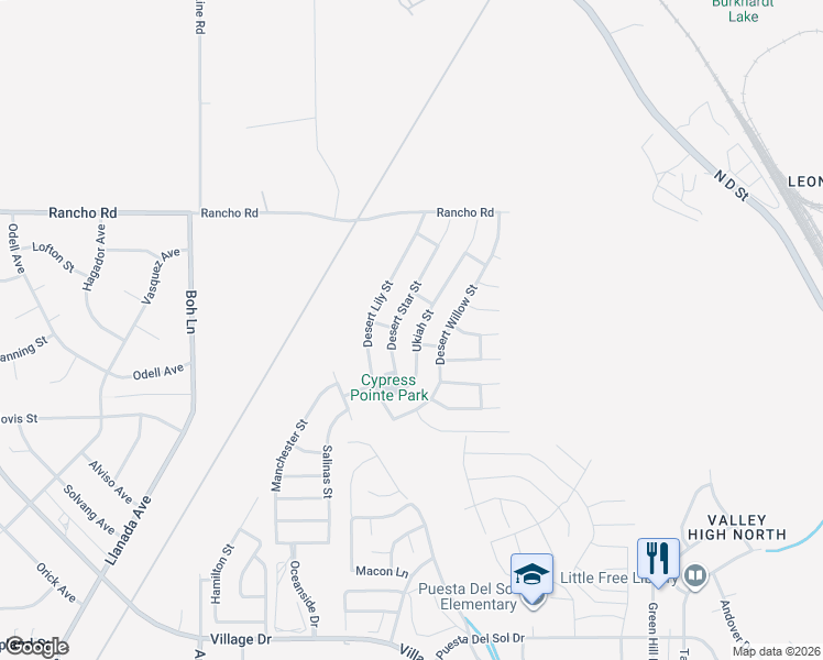 map of restaurants, bars, coffee shops, grocery stores, and more near 16704 Ukiah Street in Victorville