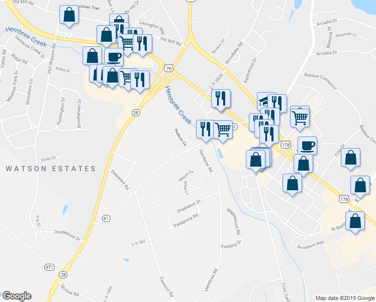 map of restaurants, bars, coffee shops, grocery stores, and more near 364 Hudson Circle in Anderson