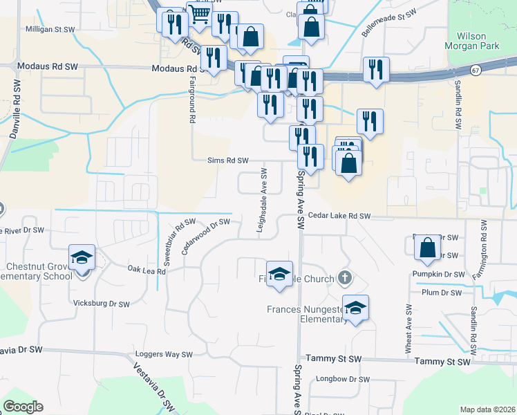 map of restaurants, bars, coffee shops, grocery stores, and more near 2928 Lynnwood Circle Southwest in Decatur