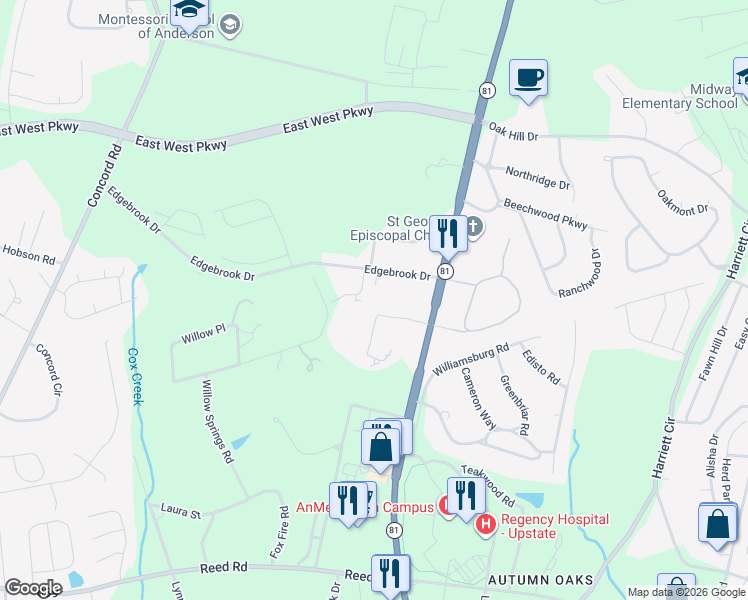 map of restaurants, bars, coffee shops, grocery stores, and more near 115 Edgebrook Drive in Anderson