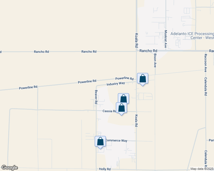 map of restaurants, bars, coffee shops, grocery stores, and more near 9219 Industry Way in Adelanto