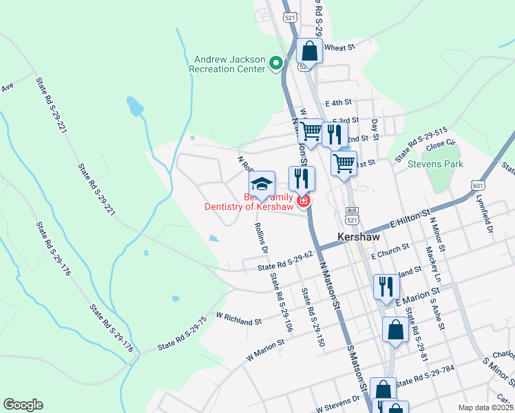 map of restaurants, bars, coffee shops, grocery stores, and more near 108 North Rollins Drive in Kershaw