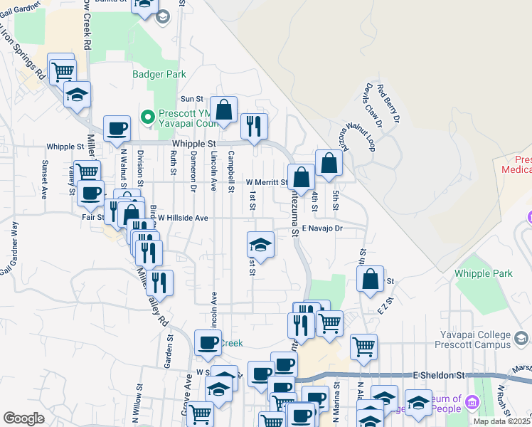 map of restaurants, bars, coffee shops, grocery stores, and more near 726 2nd Street in Prescott