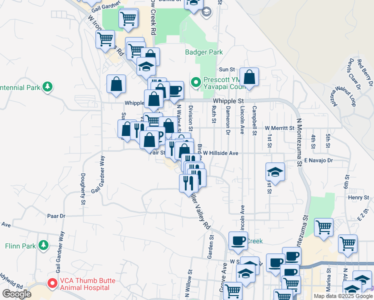 map of restaurants, bars, coffee shops, grocery stores, and more near 734b Division Street in Prescott