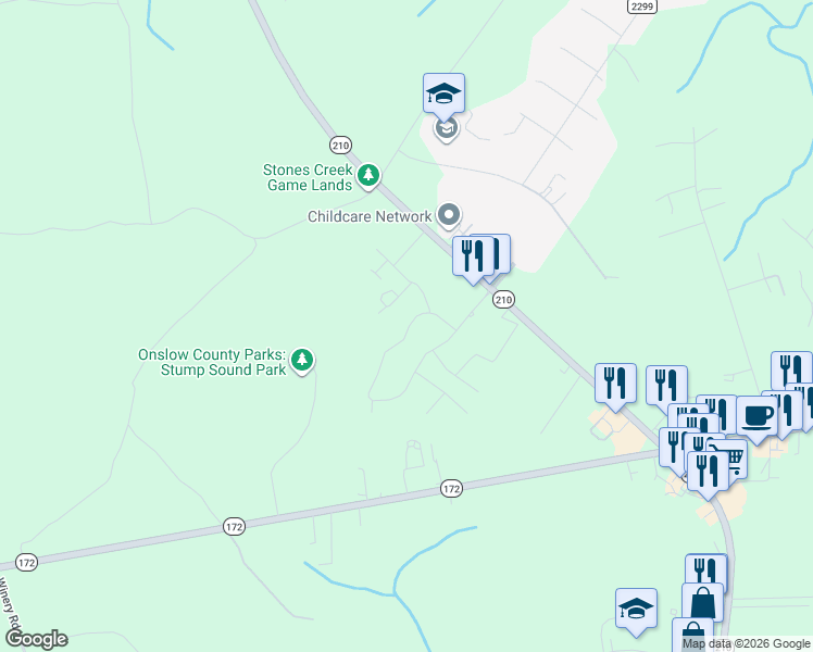 map of restaurants, bars, coffee shops, grocery stores, and more near 210 Sandpiper Drive in North Topsail Beach