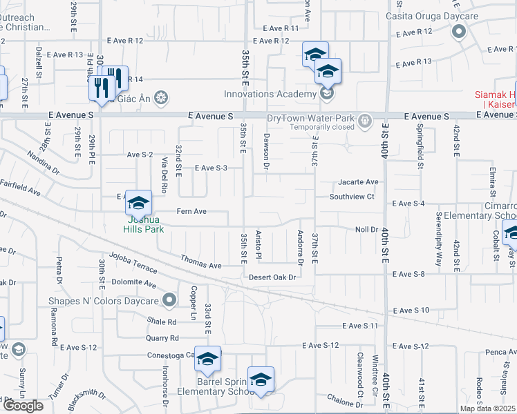 map of restaurants, bars, coffee shops, grocery stores, and more near 3521 Fern Avenue in Palmdale
