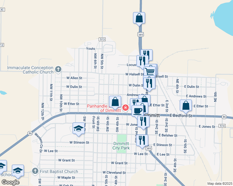 map of restaurants, bars, coffee shops, grocery stores, and more near 301 Northwest 4th Street in Dimmitt