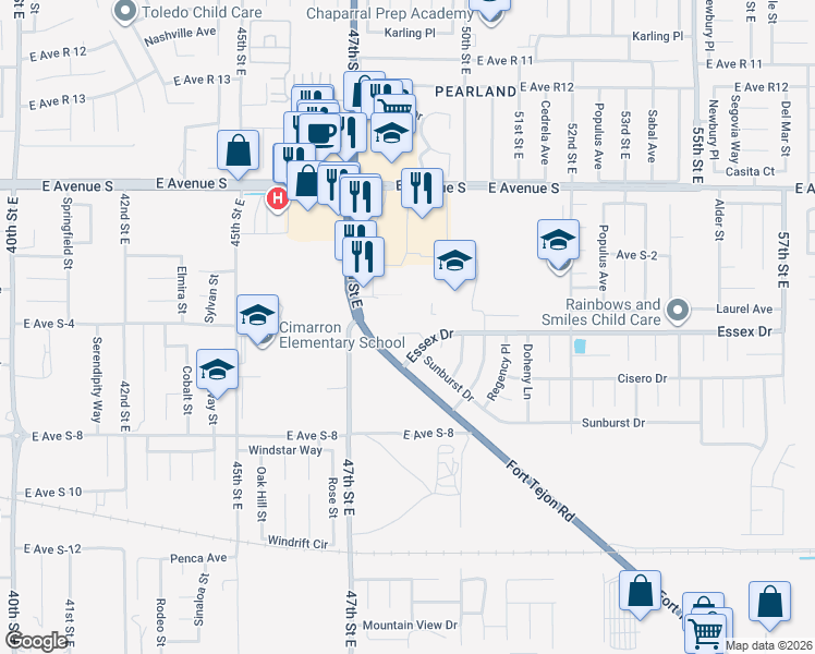 map of restaurants, bars, coffee shops, grocery stores, and more near 37080 47th Street East in Palmdale