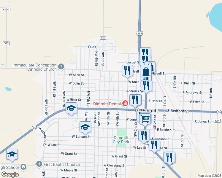 map of restaurants, bars, coffee shops, grocery stores, and more near 301-399 Northwest 5th Street in Dimmitt