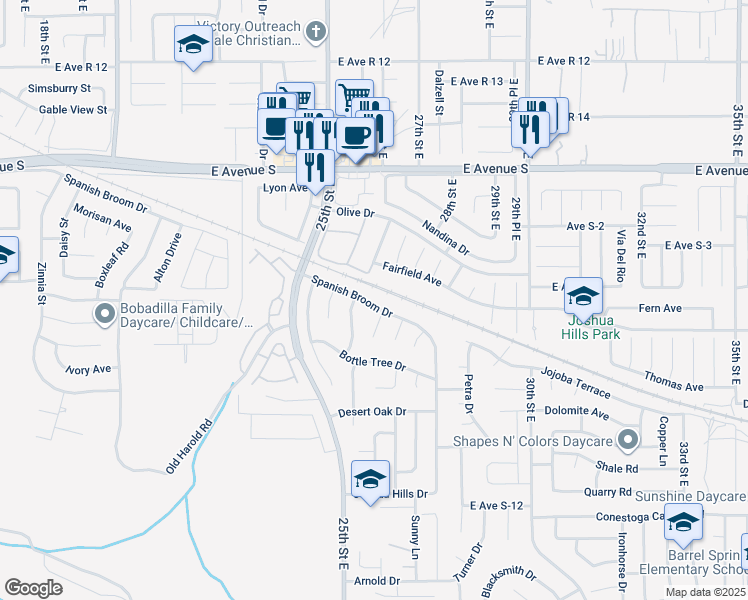 map of restaurants, bars, coffee shops, grocery stores, and more near 36908 Spanish Broom Drive in Palmdale