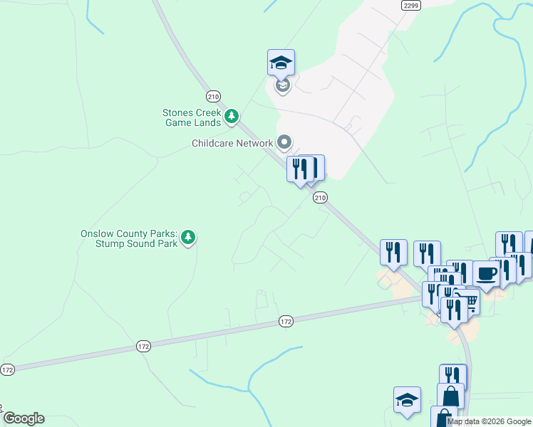 map of restaurants, bars, coffee shops, grocery stores, and more near 210 Sandpiper Drive in North Topsail Beach