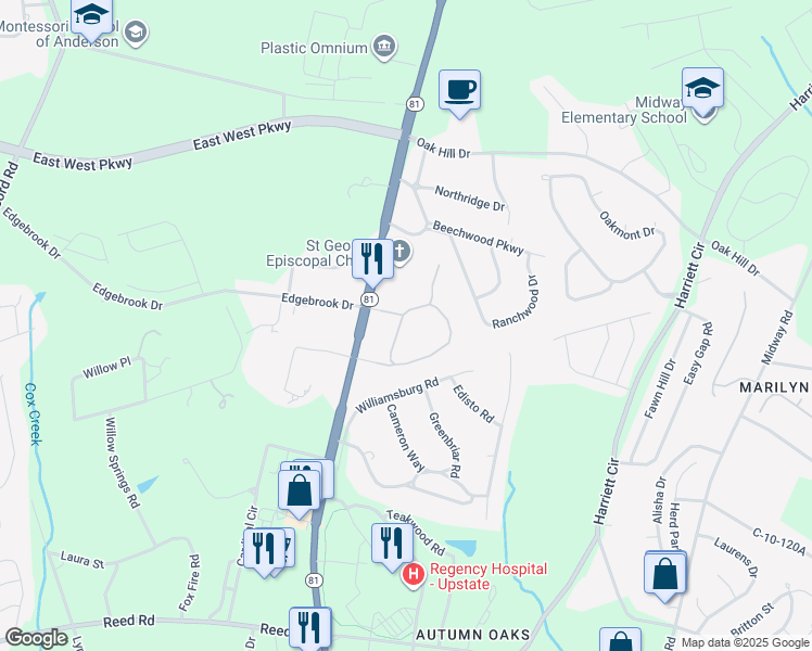 map of restaurants, bars, coffee shops, grocery stores, and more near 151 Wexford Drive in Anderson