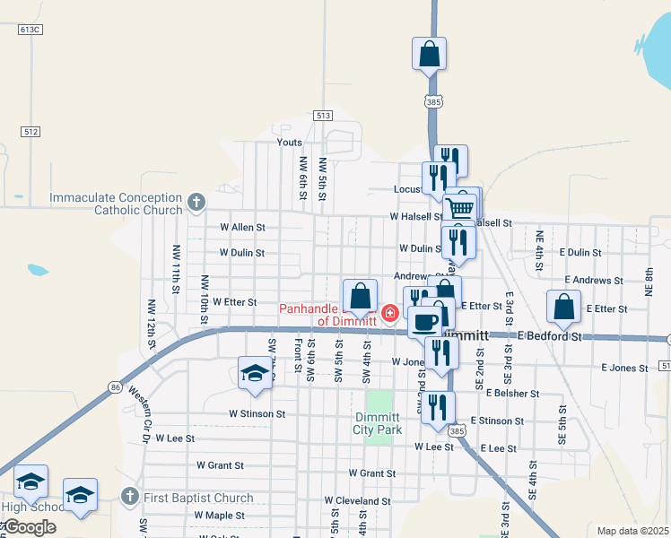 map of restaurants, bars, coffee shops, grocery stores, and more near 301 Northwest 5th Street in Dimmitt