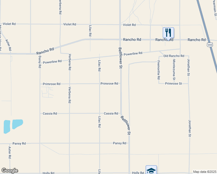 map of restaurants, bars, coffee shops, grocery stores, and more near 11109 Primrose Road in Adelanto