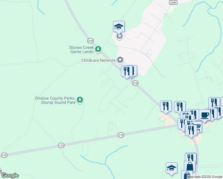 map of restaurants, bars, coffee shops, grocery stores, and more near 210 Sandpiper Drive in North Topsail Beach