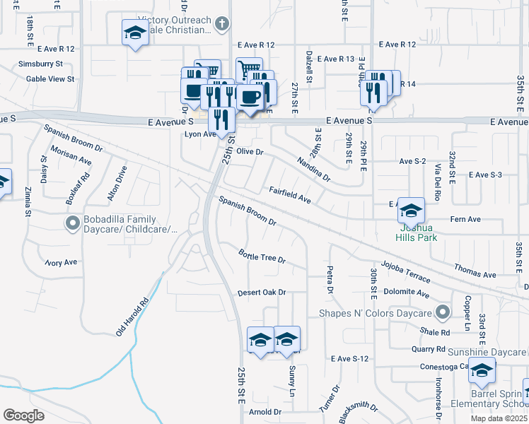 map of restaurants, bars, coffee shops, grocery stores, and more near 36908 Spanish Broom Drive in Palmdale