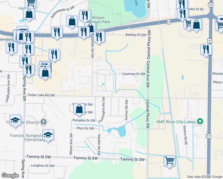 map of restaurants, bars, coffee shops, grocery stores, and more near 2829 Westchester Drive Southwest in Decatur