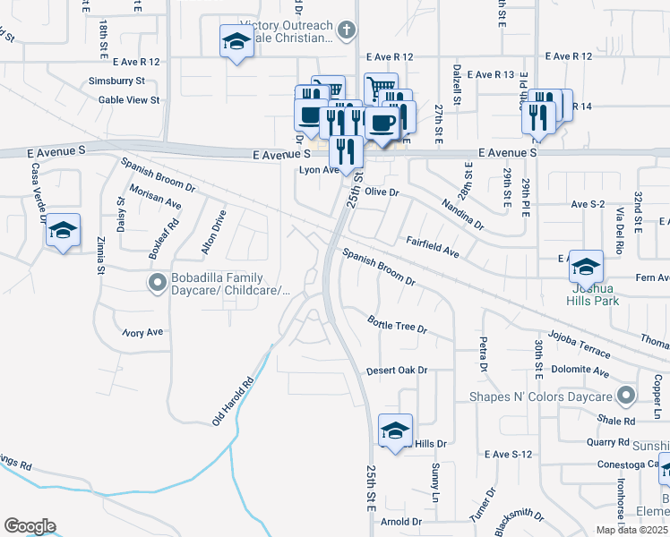 map of restaurants, bars, coffee shops, grocery stores, and more near 36953 Desert Willow Drive in Palmdale