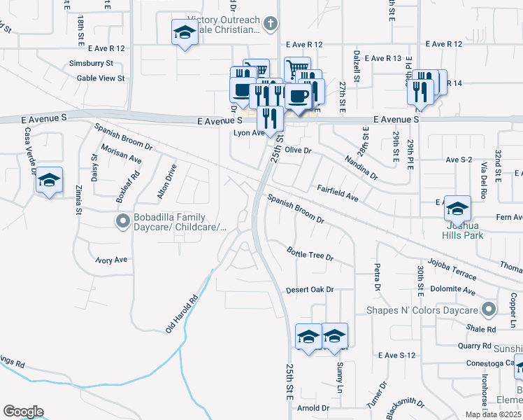 map of restaurants, bars, coffee shops, grocery stores, and more near 36953 Desert Willow Drive in Palmdale
