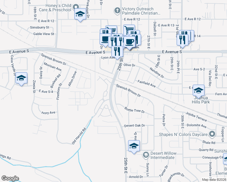 map of restaurants, bars, coffee shops, grocery stores, and more near 36953 Desert Willow Drive in Palmdale