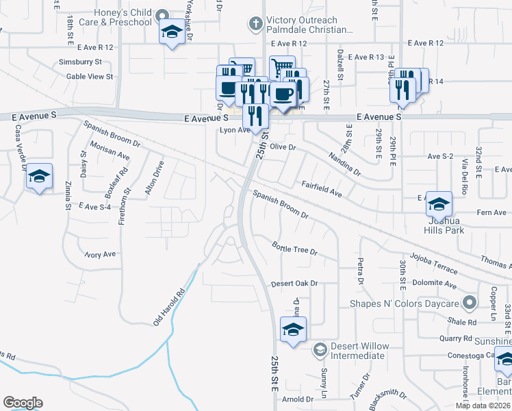 map of restaurants, bars, coffee shops, grocery stores, and more near 36956 Desert Willow Drive in Palmdale