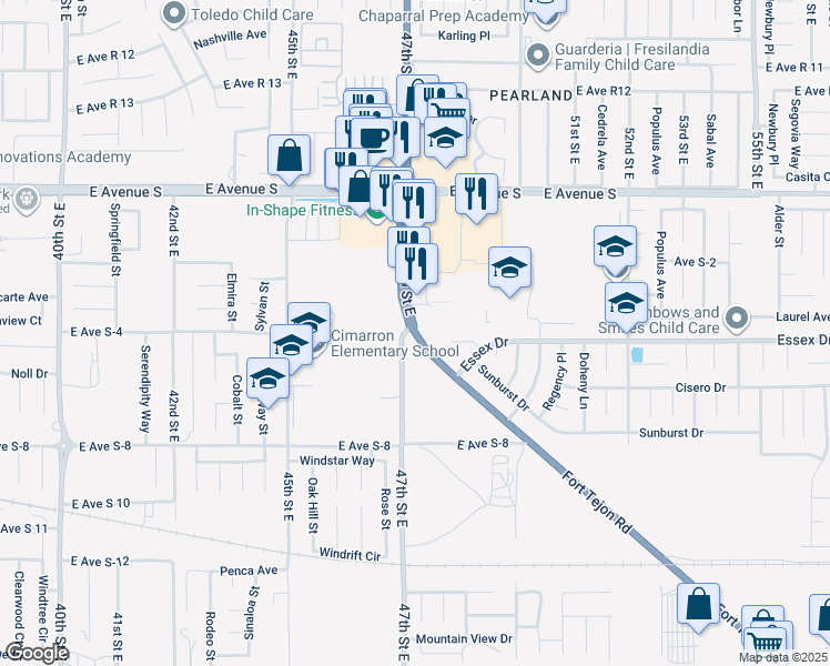 map of restaurants, bars, coffee shops, grocery stores, and more near 4900 Fort Tejon Road in Palmdale