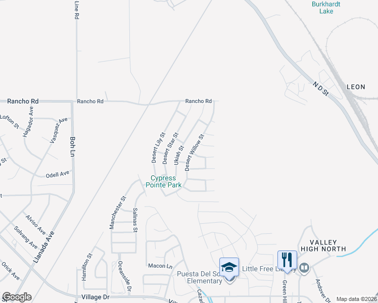 map of restaurants, bars, coffee shops, grocery stores, and more near 16738 Desert Willow Street in Victorville