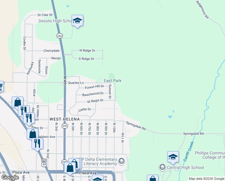 map of restaurants, bars, coffee shops, grocery stores, and more near 622 Sunset Drive in Helena-West Helena