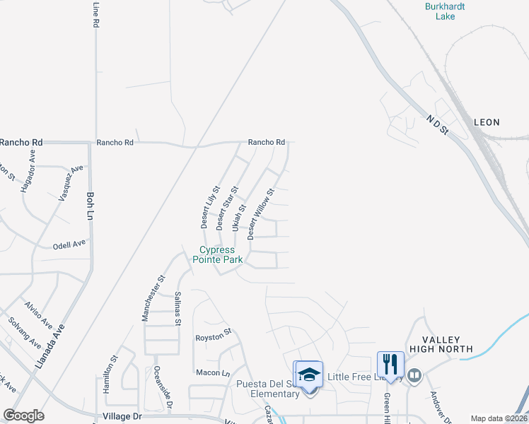 map of restaurants, bars, coffee shops, grocery stores, and more near 16770 Desert Willow Street in Victorville
