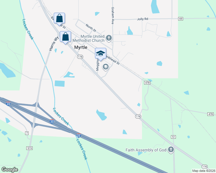 map of restaurants, bars, coffee shops, grocery stores, and more near 1693 Mississippi 178 in Myrtle