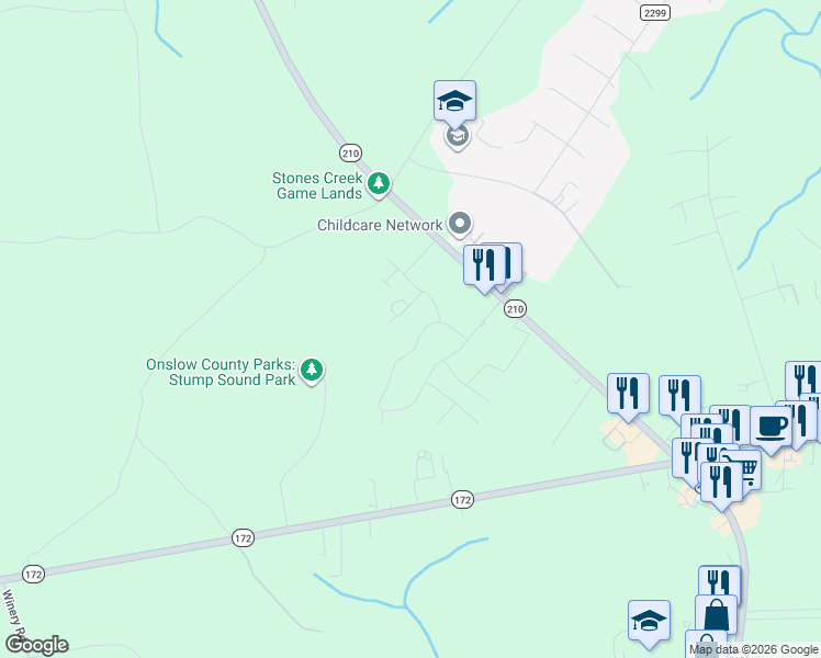 map of restaurants, bars, coffee shops, grocery stores, and more near 210 Sandpiper Drive in North Topsail Beach