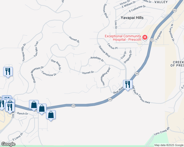 map of restaurants, bars, coffee shops, grocery stores, and more near 4910 Hornet Drive in Prescott