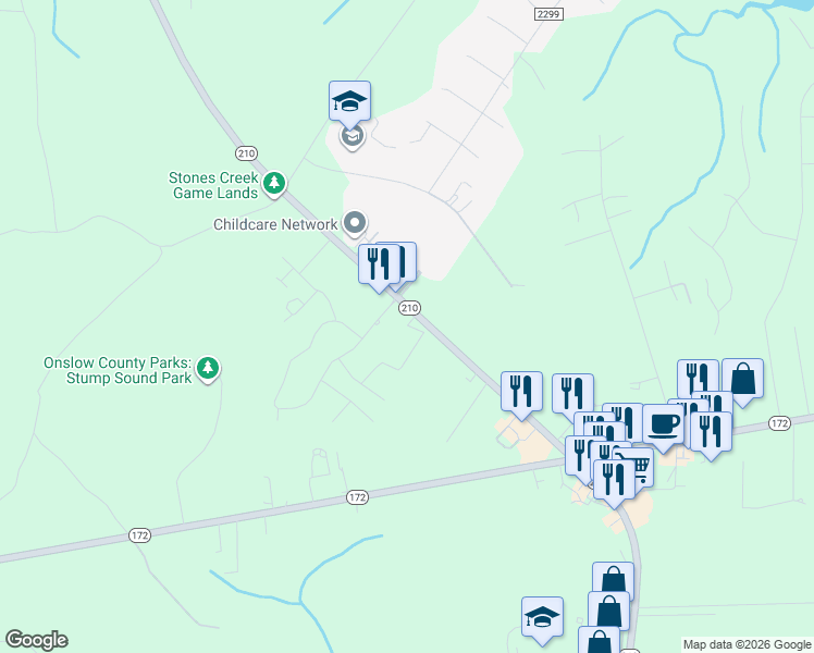 map of restaurants, bars, coffee shops, grocery stores, and more near 1004 Diamondback Drive in Sneads Ferry