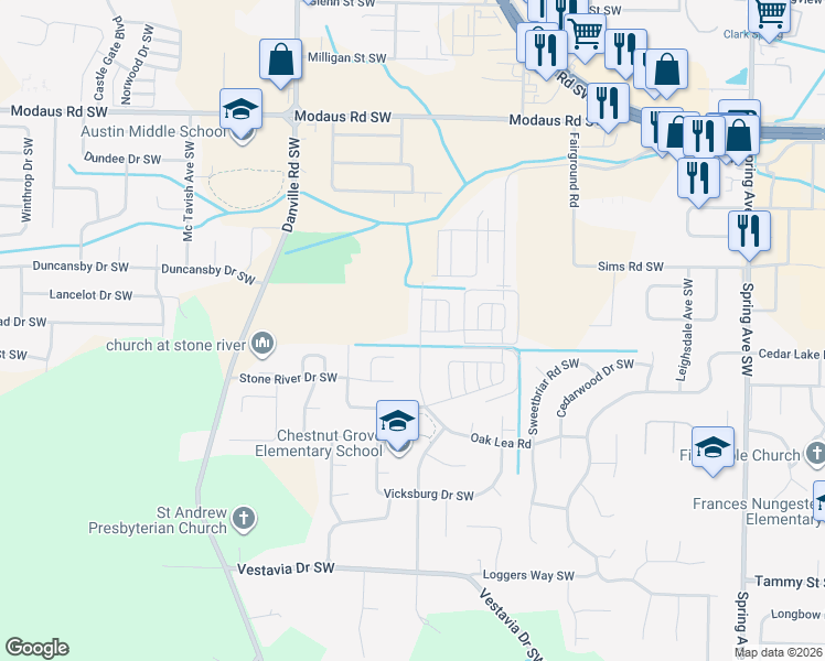 map of restaurants, bars, coffee shops, grocery stores, and more near 1527 Oak Lea Road Southwest in Decatur