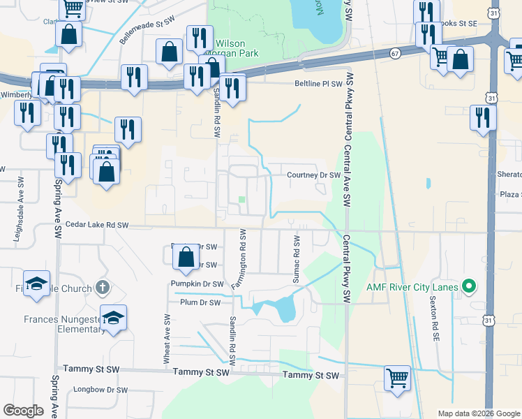 map of restaurants, bars, coffee shops, grocery stores, and more near 2829 Westchester Drive Southwest in Decatur