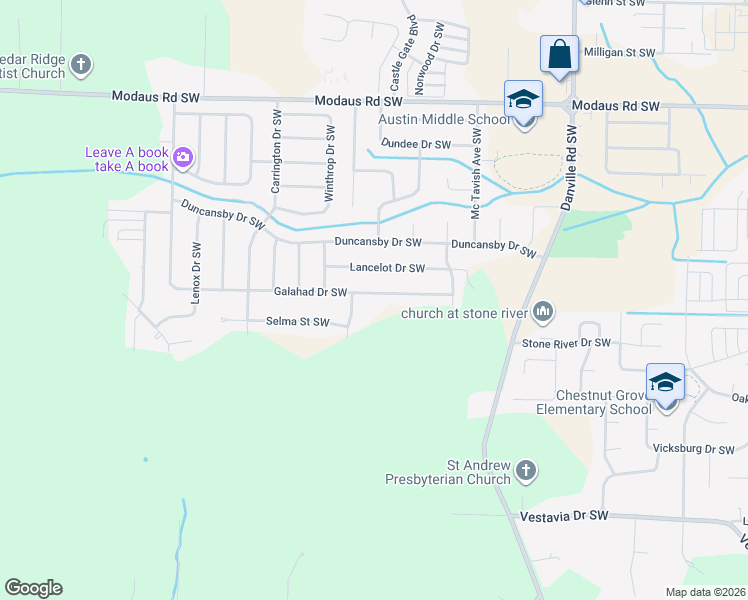 map of restaurants, bars, coffee shops, grocery stores, and more near 2214 Galahad Drive Southwest in Decatur