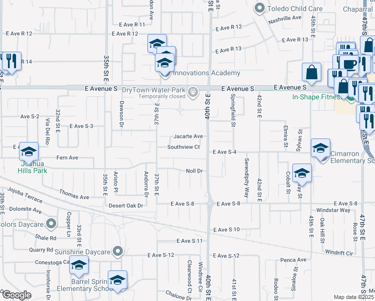 map of restaurants, bars, coffee shops, grocery stores, and more near 3771 Southview Court in Palmdale