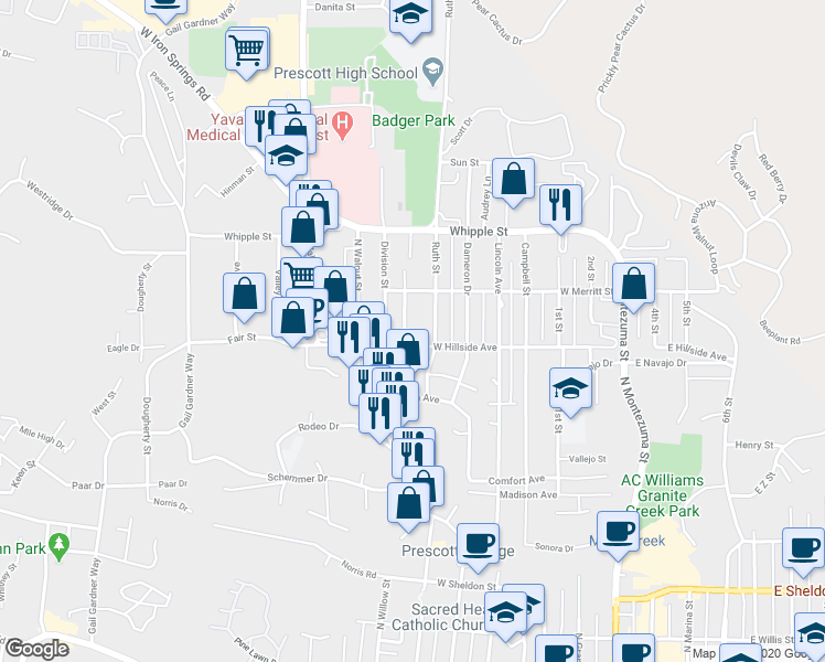 map of restaurants, bars, coffee shops, grocery stores, and more near 722 Ruth Street in Prescott