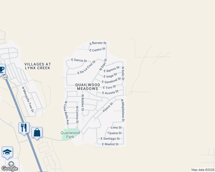 map of restaurants, bars, coffee shops, grocery stores, and more near 12957 East Sandoval Street in Prescott Valley