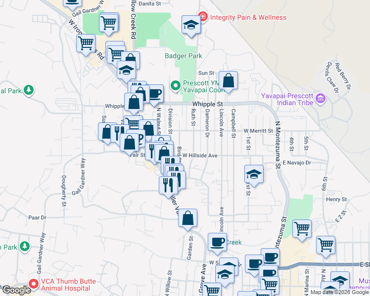 map of restaurants, bars, coffee shops, grocery stores, and more near 715 Bird Street in Prescott