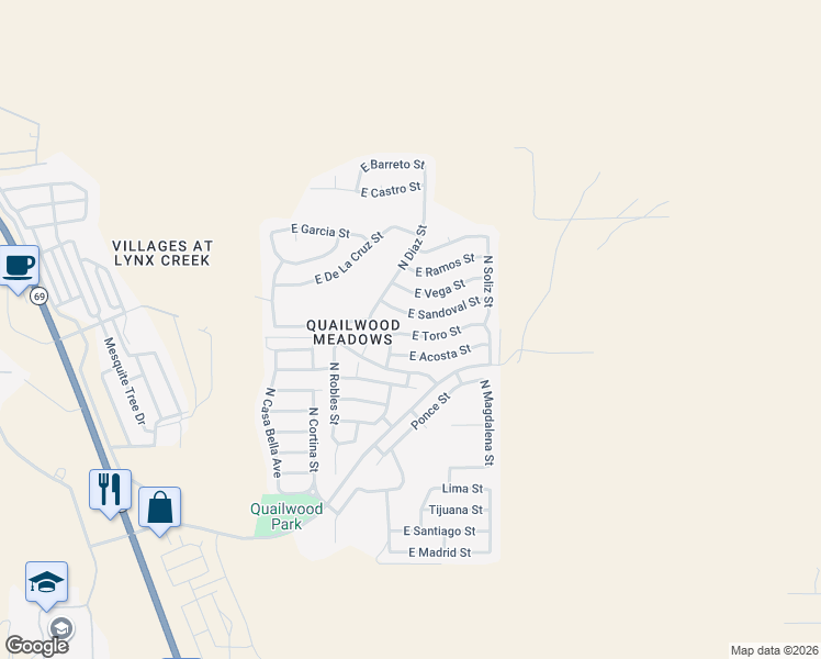 map of restaurants, bars, coffee shops, grocery stores, and more near 12940 East Toro Street in Prescott Valley