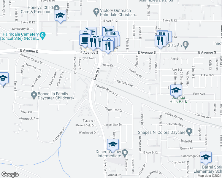 map of restaurants, bars, coffee shops, grocery stores, and more near 36926 Spanish Broom Drive in Palmdale