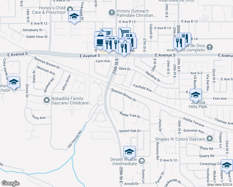 map of restaurants, bars, coffee shops, grocery stores, and more near 36961 Spanish Broom Drive in Palmdale