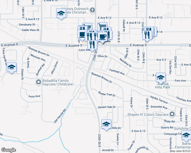 map of restaurants, bars, coffee shops, grocery stores, and more near 3001 Rancho Vista Boulevard in Palmdale