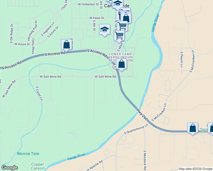 map of restaurants, bars, coffee shops, grocery stores, and more near 147 West Salt Mine Road in Camp Verde