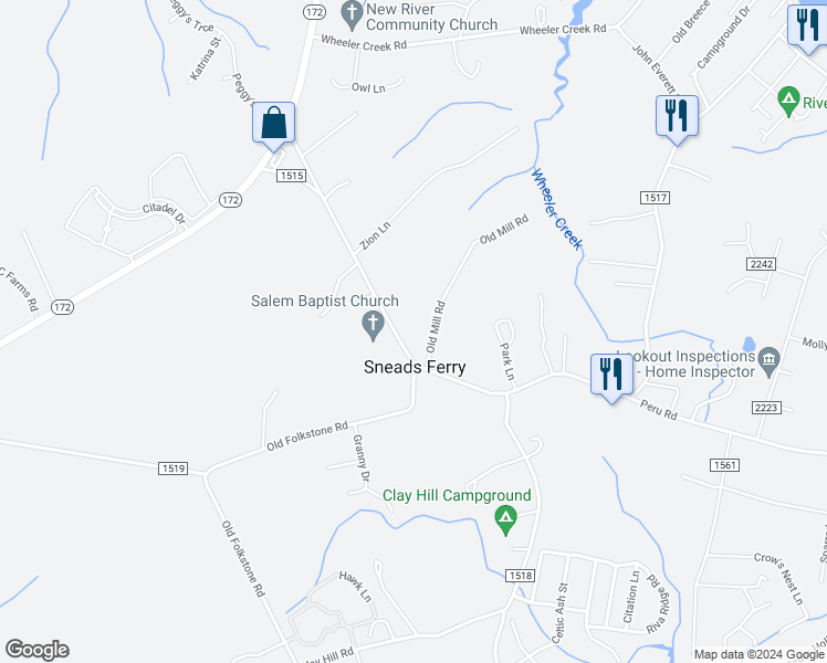 map of restaurants, bars, coffee shops, grocery stores, and more near 211 Sneads Ferry Road in Sneads Ferry