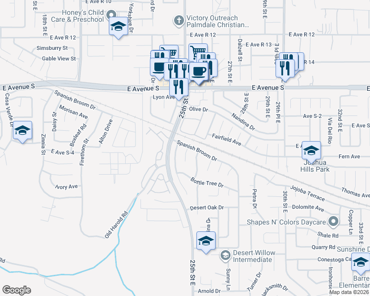 map of restaurants, bars, coffee shops, grocery stores, and more near 36961 Spanish Broom Drive in Palmdale