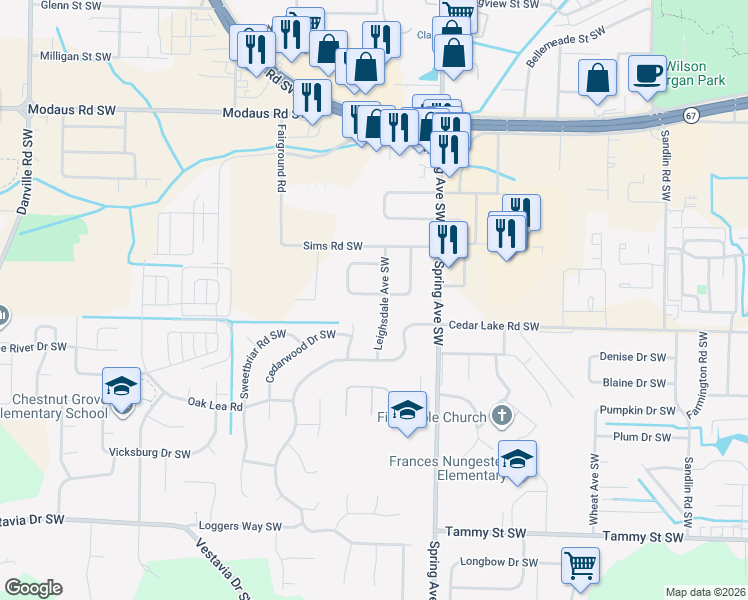map of restaurants, bars, coffee shops, grocery stores, and more near 2928 Lynnwood Circle Southwest in Decatur